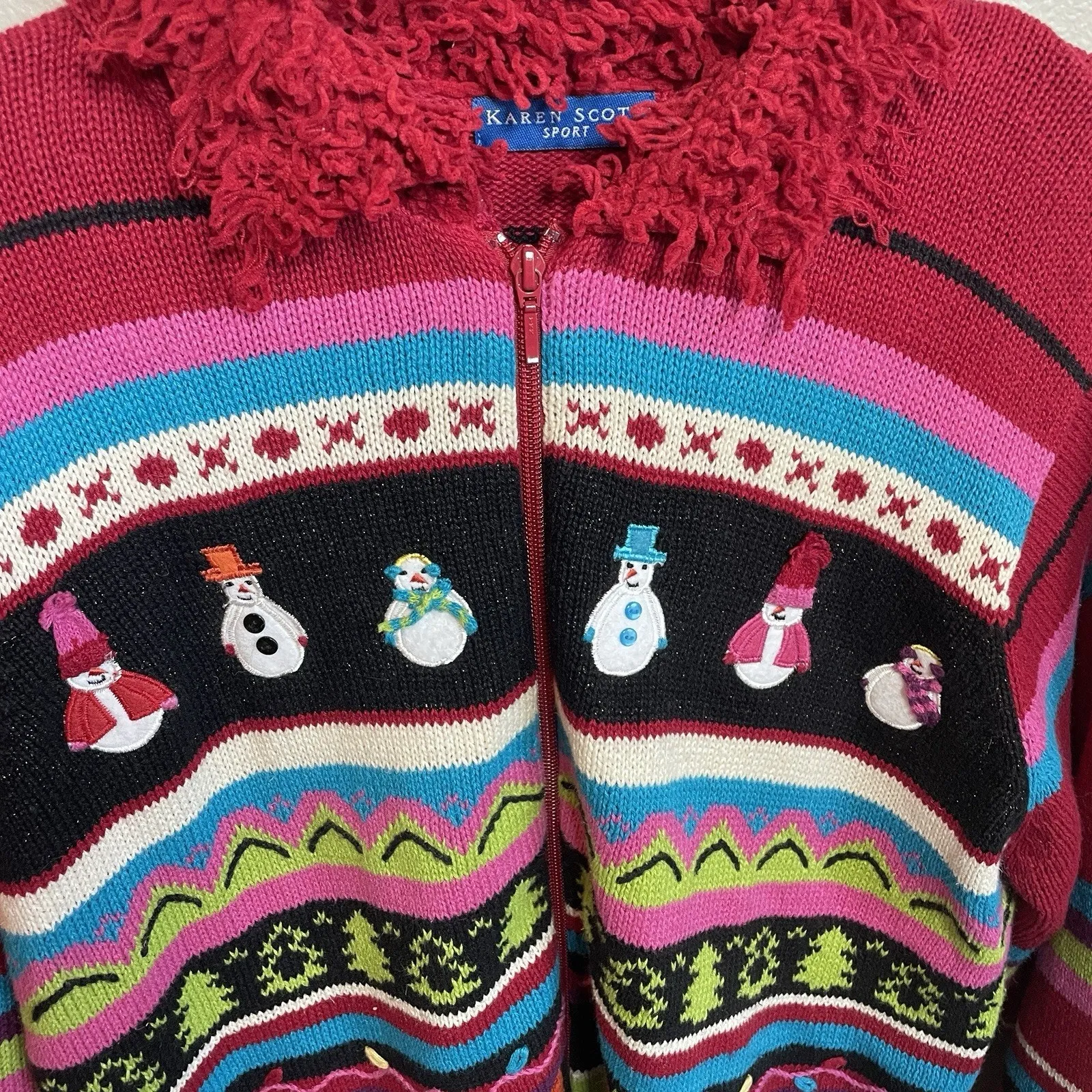 Vtg Karen Scott Ugly Christmas Sweater Women Large Red Full Zip Cardigan Snowman - Image 4