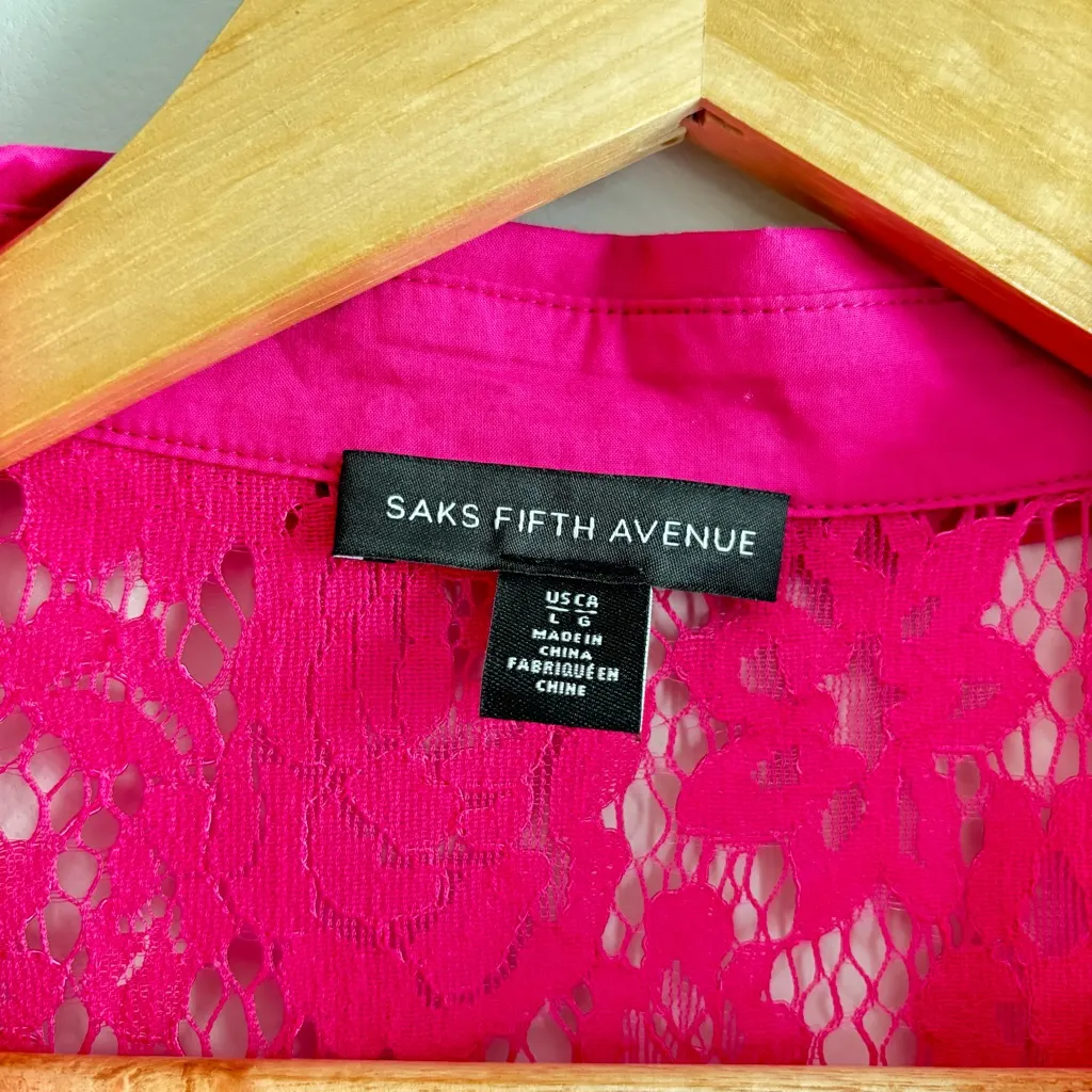 Saks Fifth Avenue Womens Pink Lace Sheer size L Long Sleeve Button Floral Mesh - Image 7