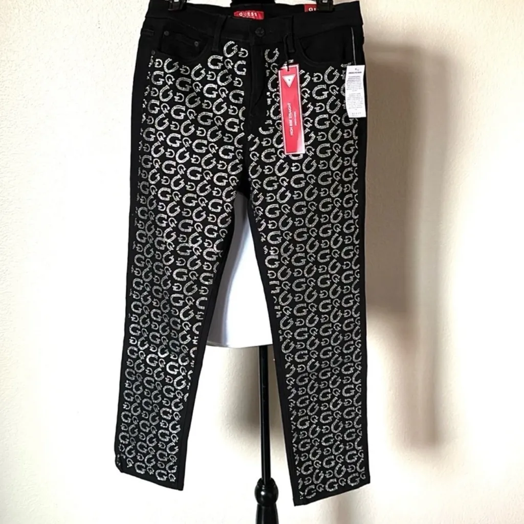 GUESS Black High Rise Jeans with Silver G Logo - Image 6