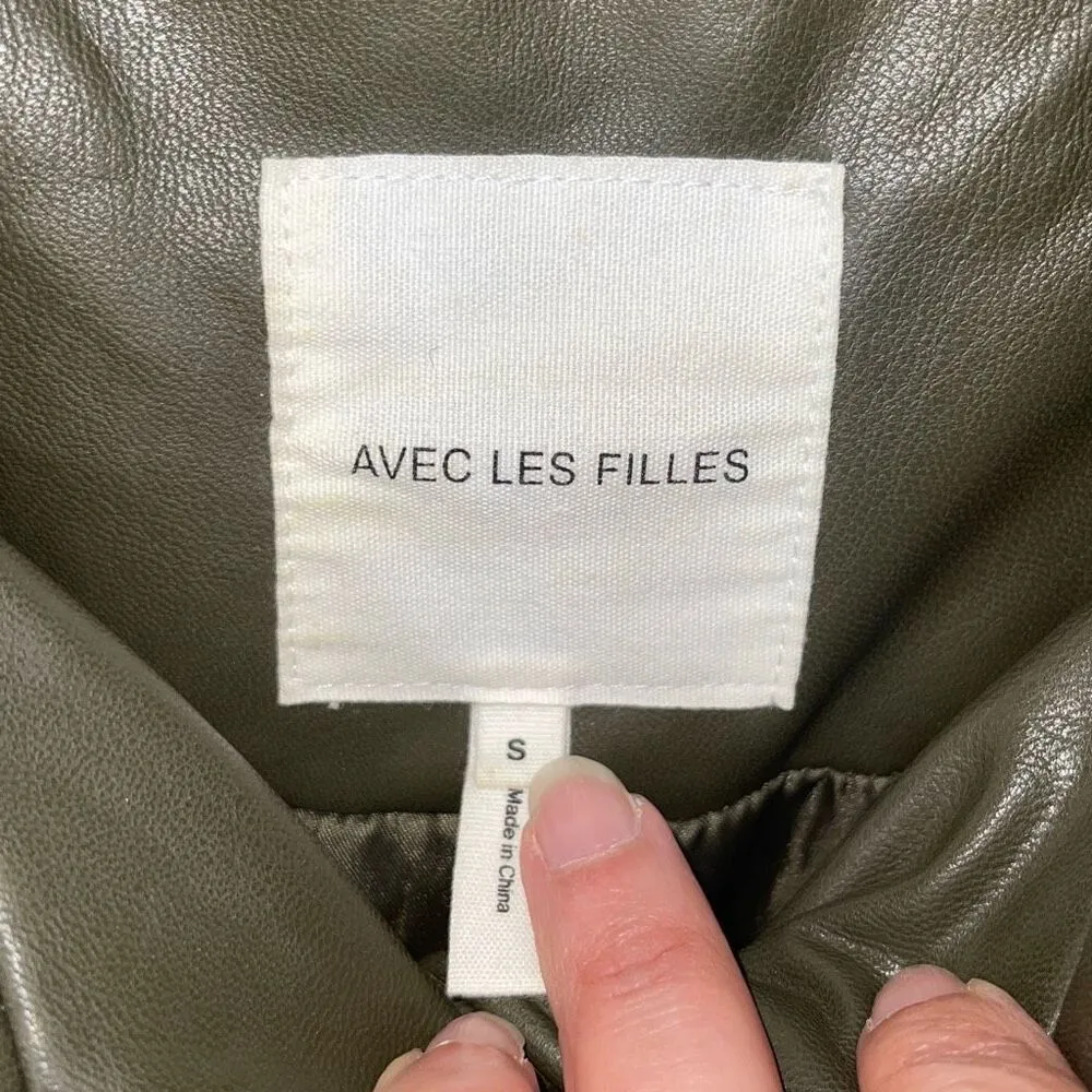 Avec Les Filles Faux-Leather Puffer Jacket Coat Size Small Olive Green Snap Clos - Image 5
