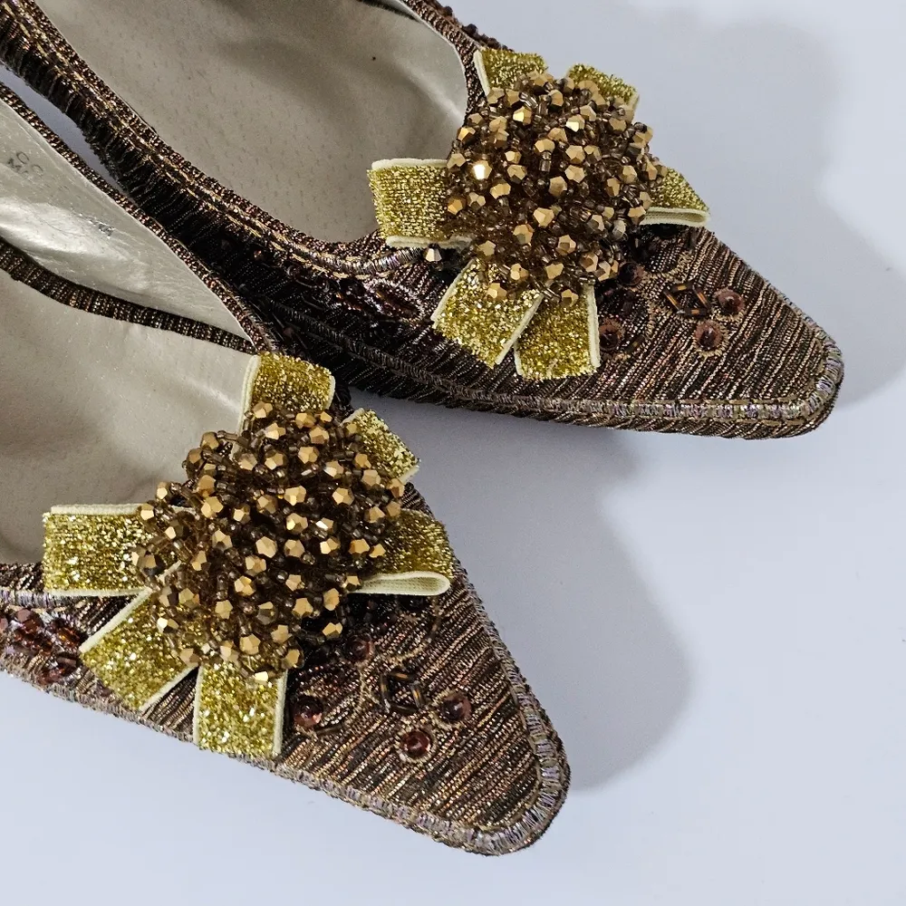 John Fashion Brown Textured Beaded Bow Detail Slingback Heels Size 10 - Image 7