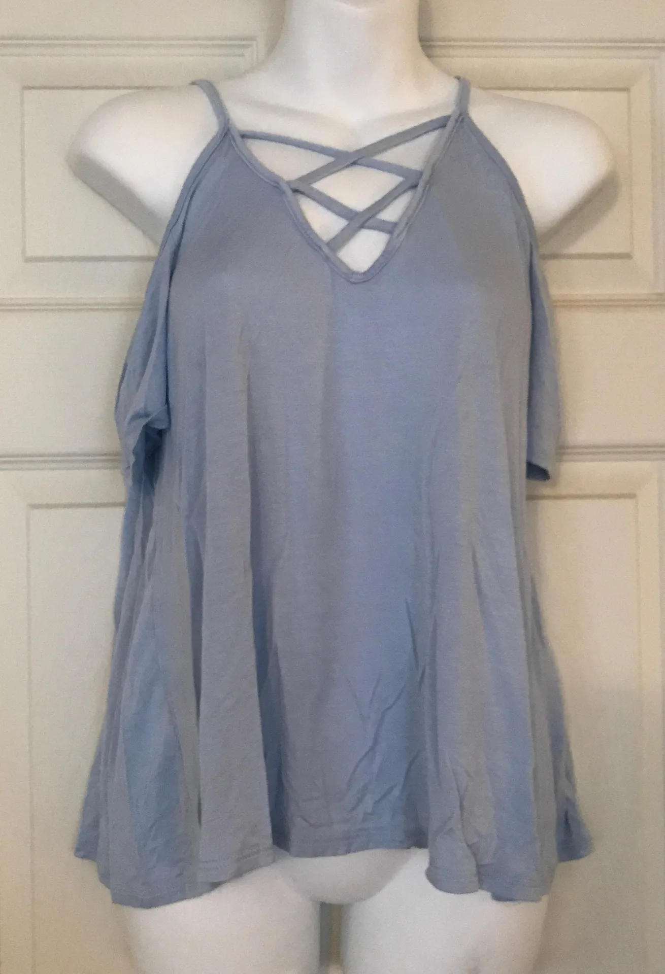 Baby Blue Cold Shoulder Criss Cross Top - Image 2