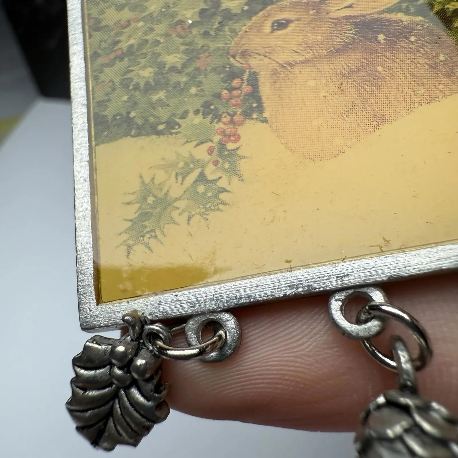 Bunny Rabbit Holly Berries Marjolein Bastin Brooch Pin Silver Tone Christmas - Image 4