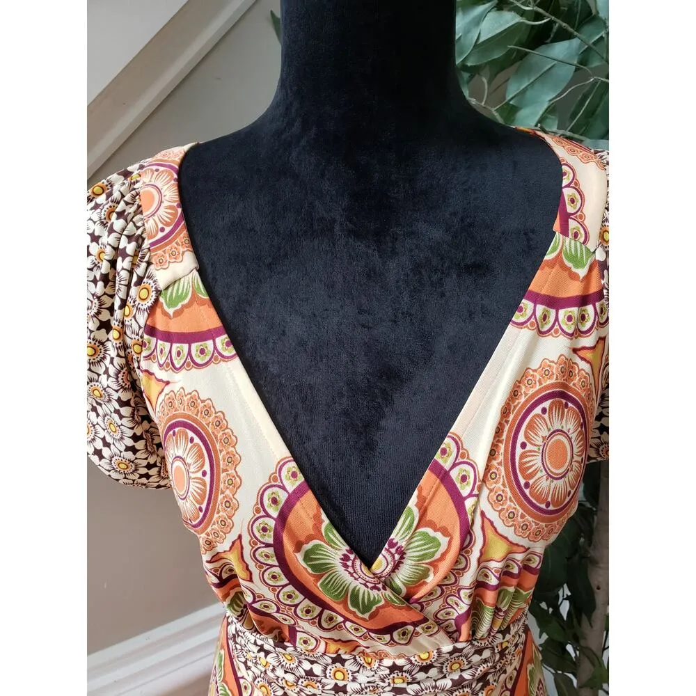 ECI Wrap Dress Women's Large Multi Floral Stretch Pleated Waist Belted V Neck - Image 3