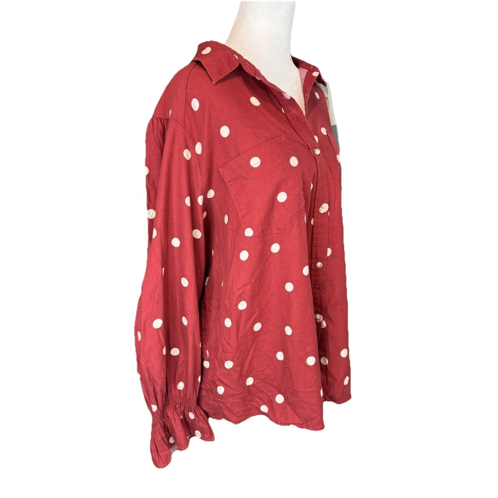 LAUREN CONRAD TOP SIZE XL RED WHITE POLKA DOT COLLAR BUTTON UP-3/4 SLEEVE NWT - Image 5