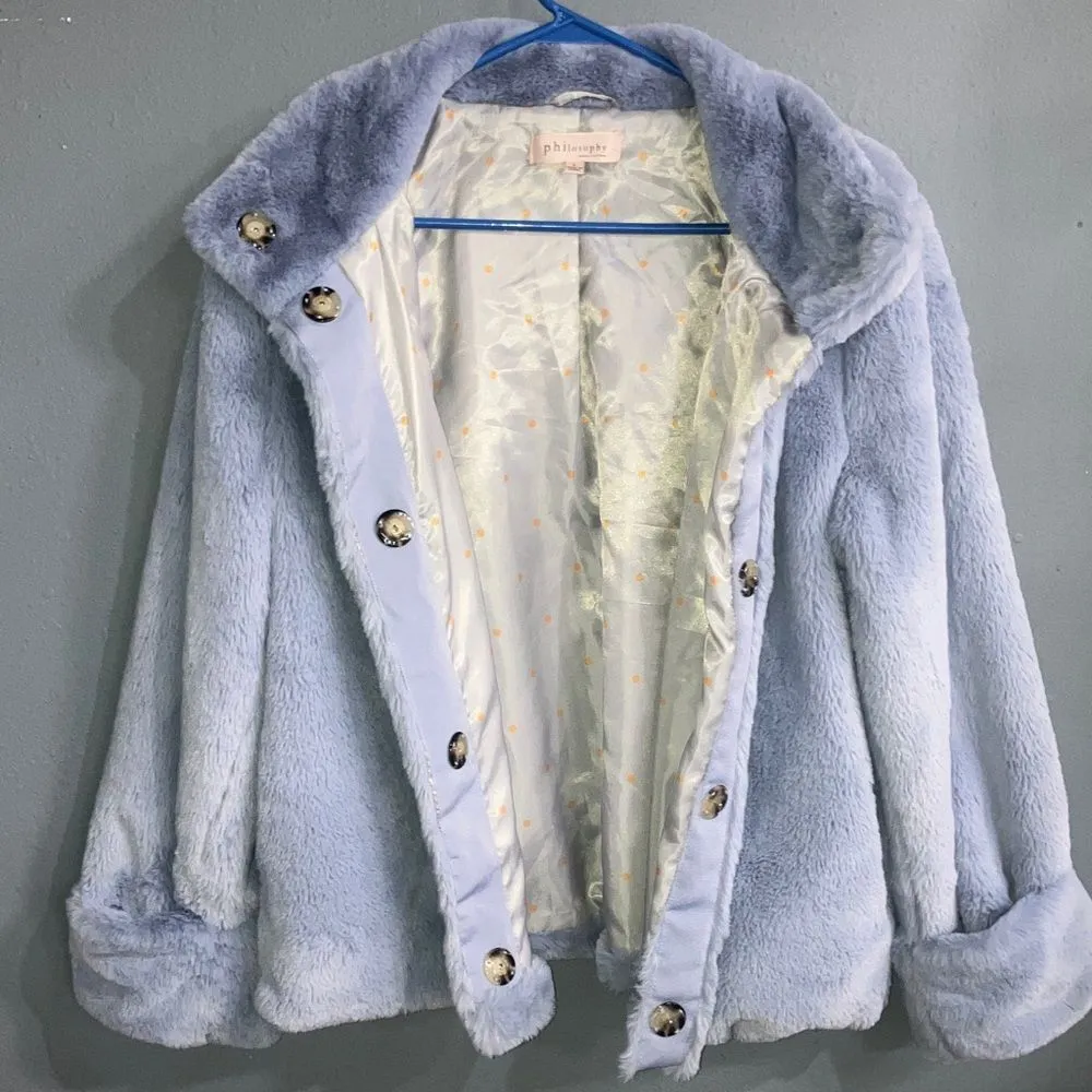 Philosophy Women's Light Blue Faux Fur snap closure Jacket Large #737 - Image 8