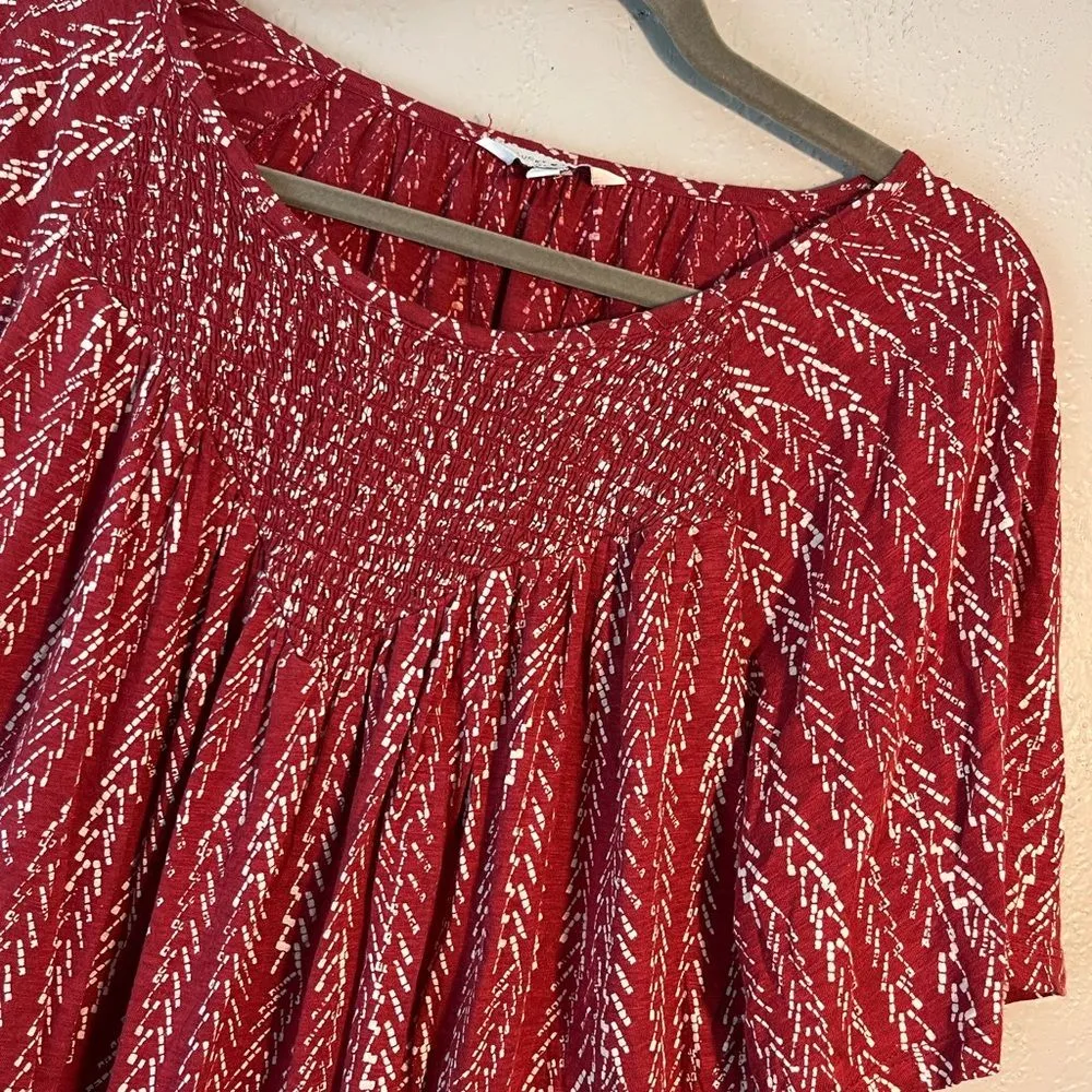 Lucky Brand Red Smocked Puff Sleeve Blouse Flowy SZ M Tee Relaxed Fit Minimalist - Image 6