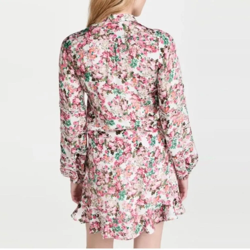 Rococo Sand Women’s Vie Crepe Pink Floral Green Long Sleeve Ruffle Mini Dress XS - Image 5