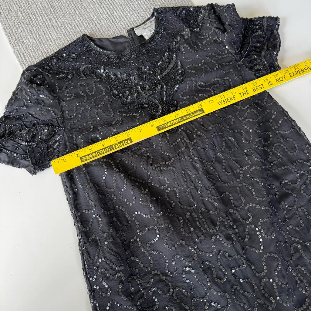 Vintage Papell Boutique Black Beaded Silk Short Sleeve Sheath Dress Size 8 - Image 7