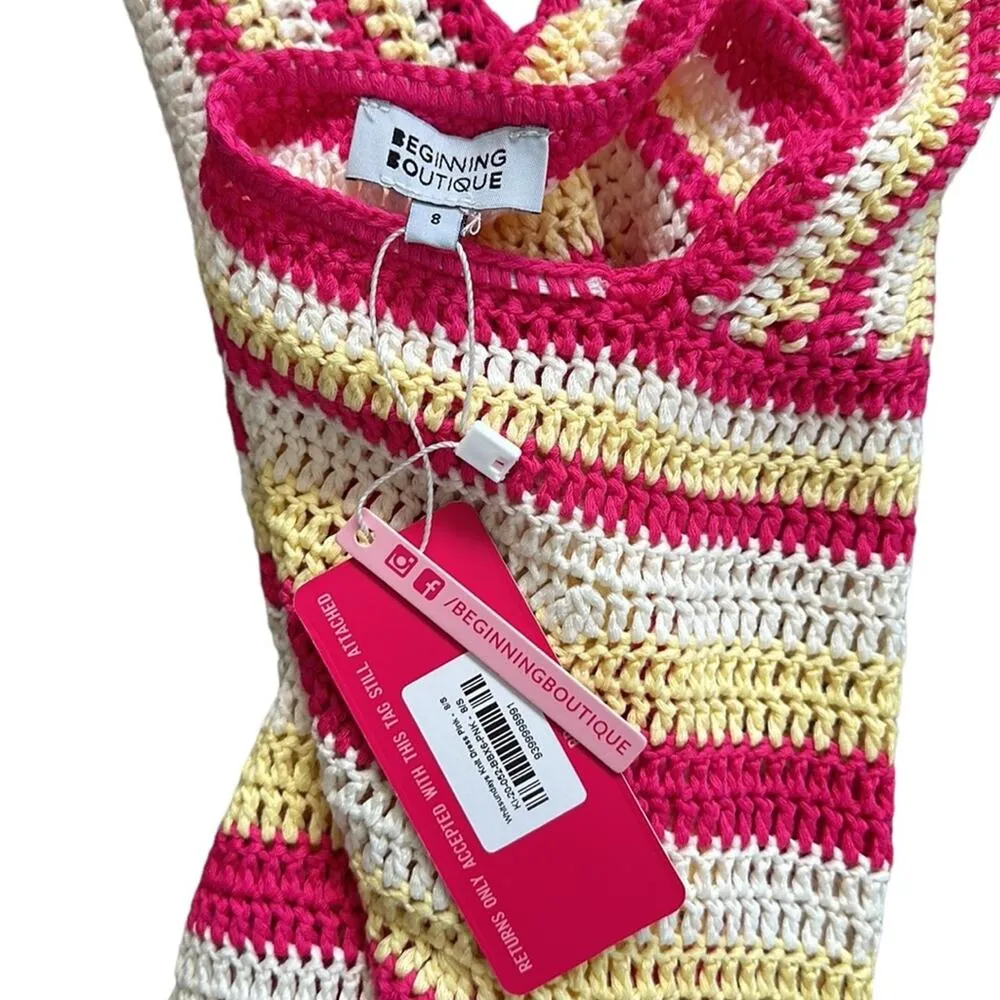 Beginning Boutique Whitsundays Crochet Knit Mini Dress Pink Yellow White 4 NEW - Image 10