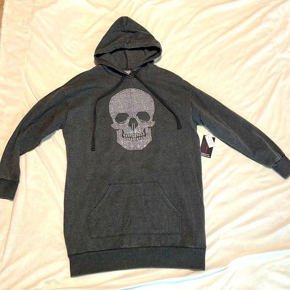 No Boundaries- NWT Bling Skull Grey Long Hoodie Pockets- Size S (3-5) Juniors - Image 3