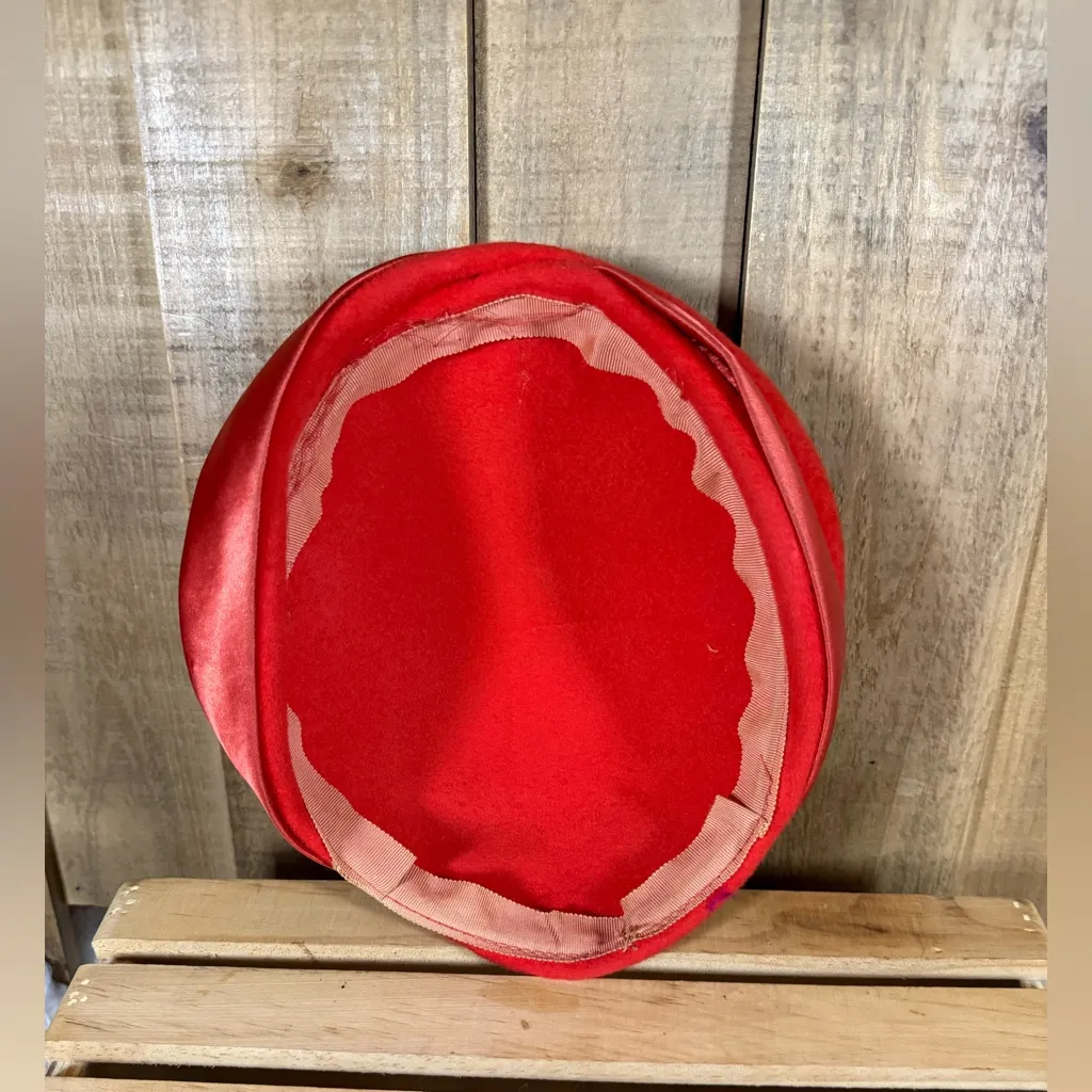 Vintage 1940’s Women’s Cloche Hat W/ Hat Pin Ribbon Jeweled End Classic Red Wool - Image 5