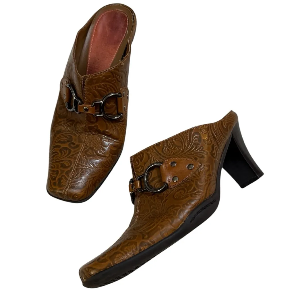 Aerosoles Embossed Brown Leather Silver Hardware Buckle Western Square Toe Mules - Image 5