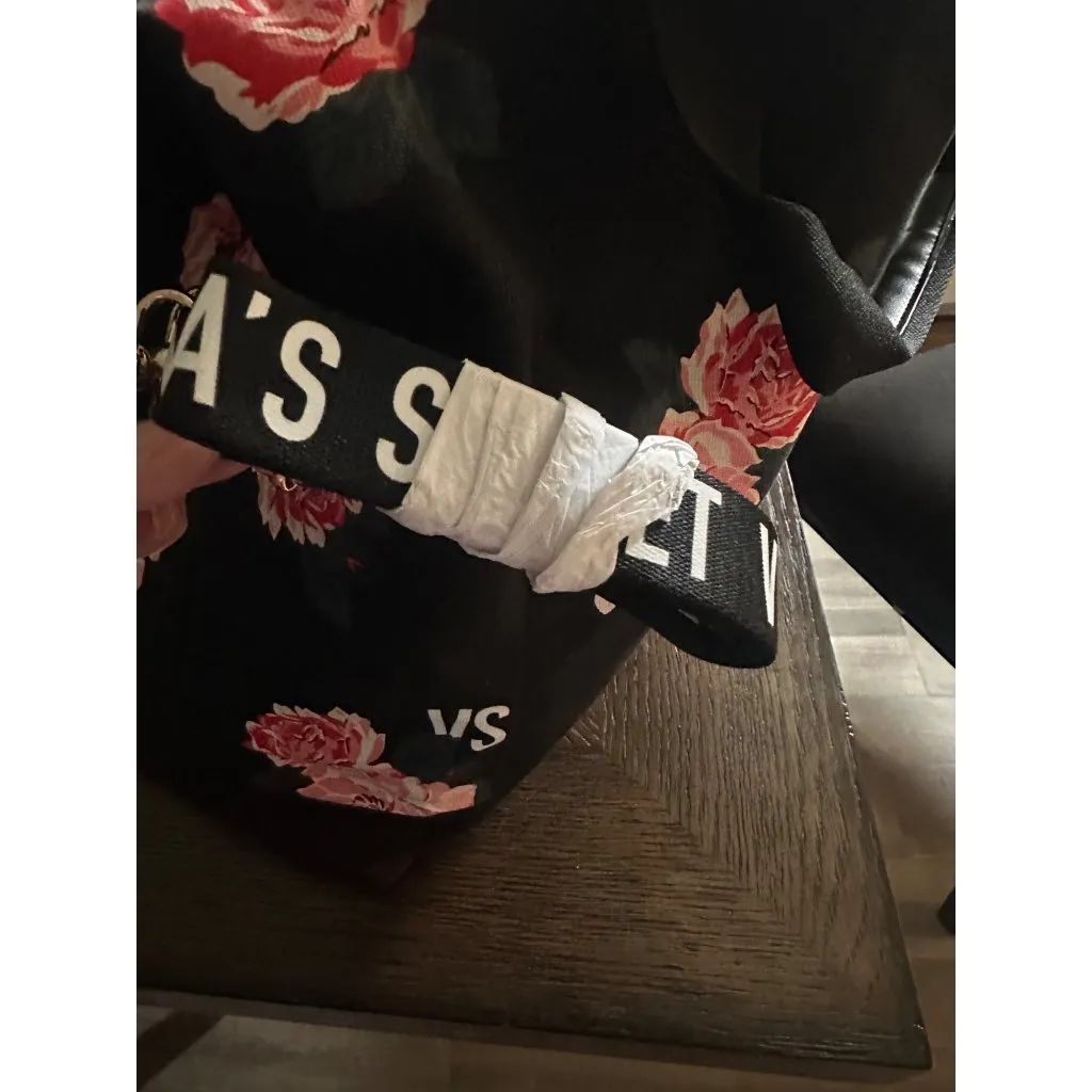 Victorias Secret Black Floral Tote Bag Pink Roses Print 12" Tall weekender - Image 8
