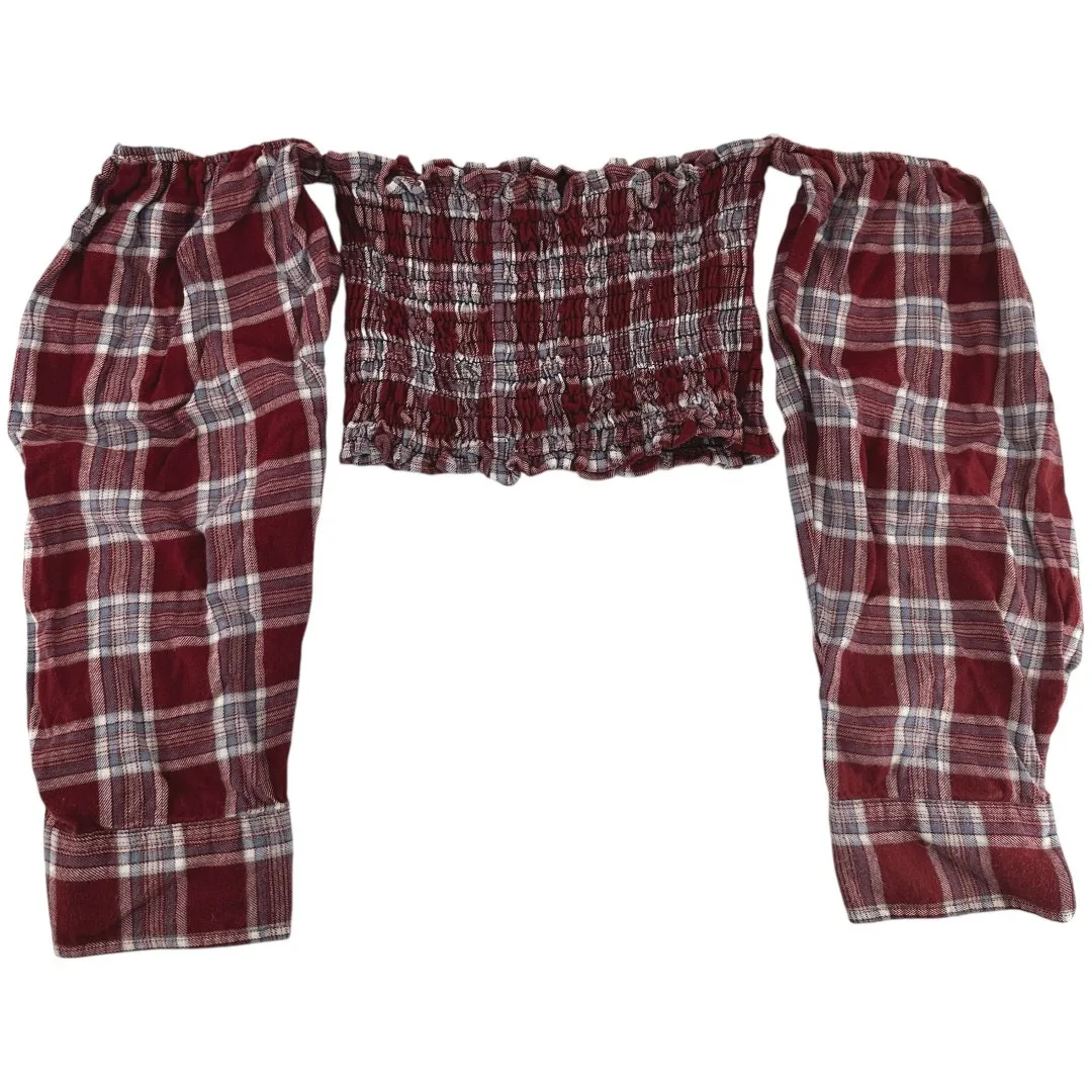 Furst of a Kind Flannel Off The Shoulder Crop Top Plaid Smocked Red White S - Image 2