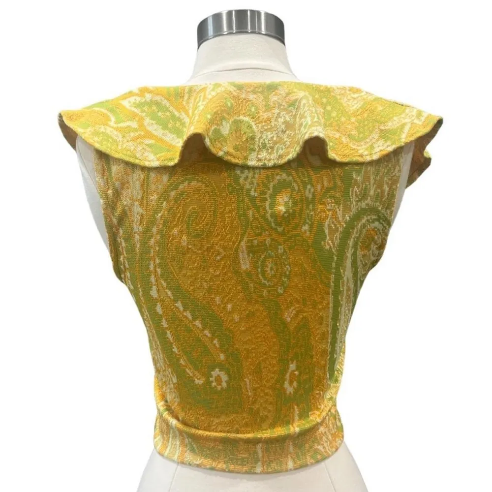 ZARA Rare Yellow and Green Floral Paisley Ruffled Sleeveless Blouse Size Large - Image 7