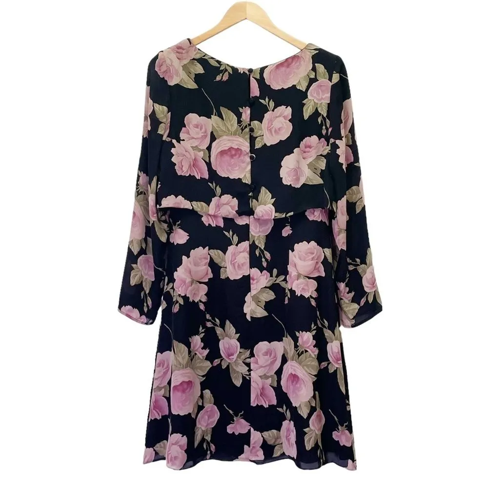 Vintage 1980s Kay Unger 100% Silk Dress Black & Pink Roses Button Back Size 8 - Image 2