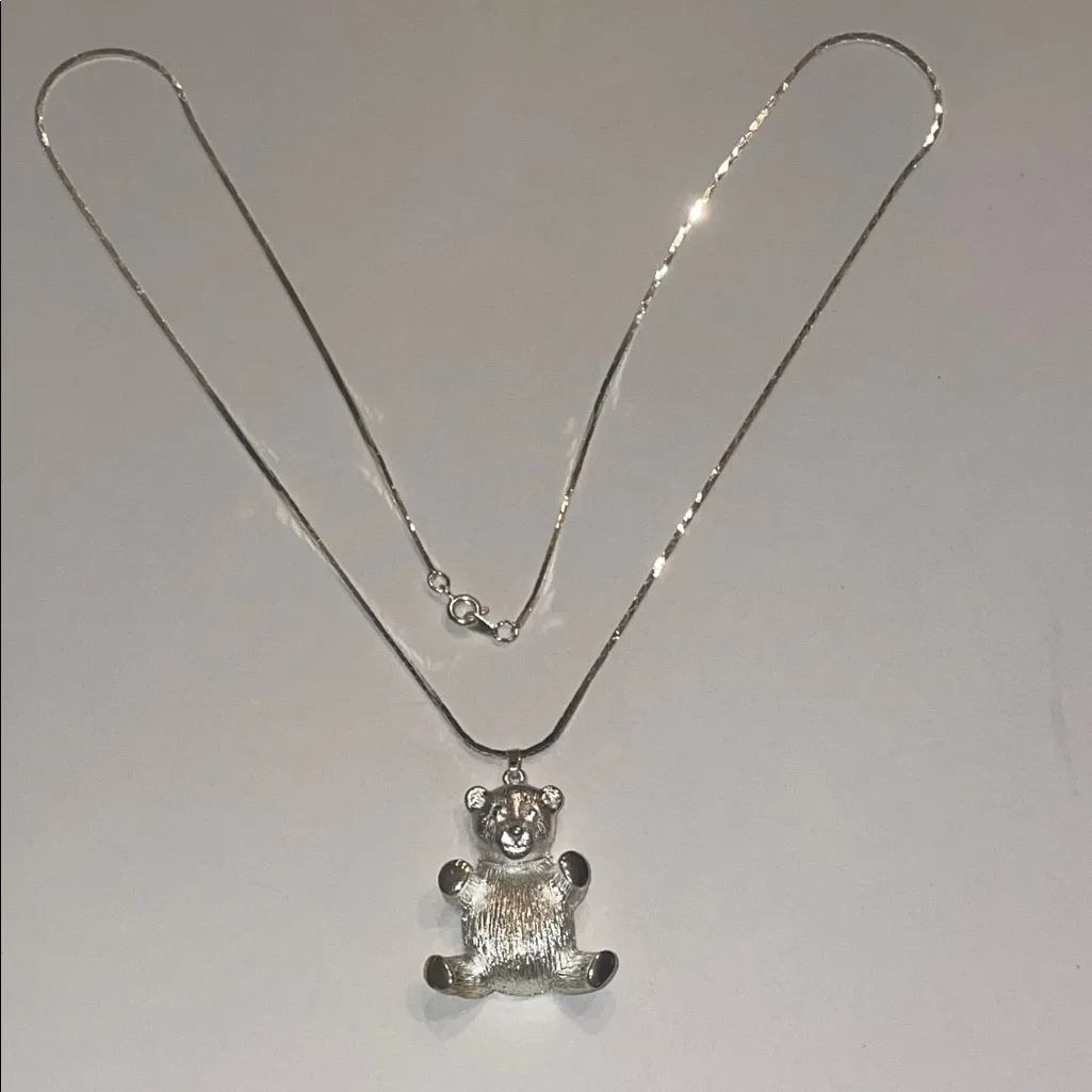 Vintage Silver Tone Teddy Bear Retro Boho Pendant Necklace - Image 2