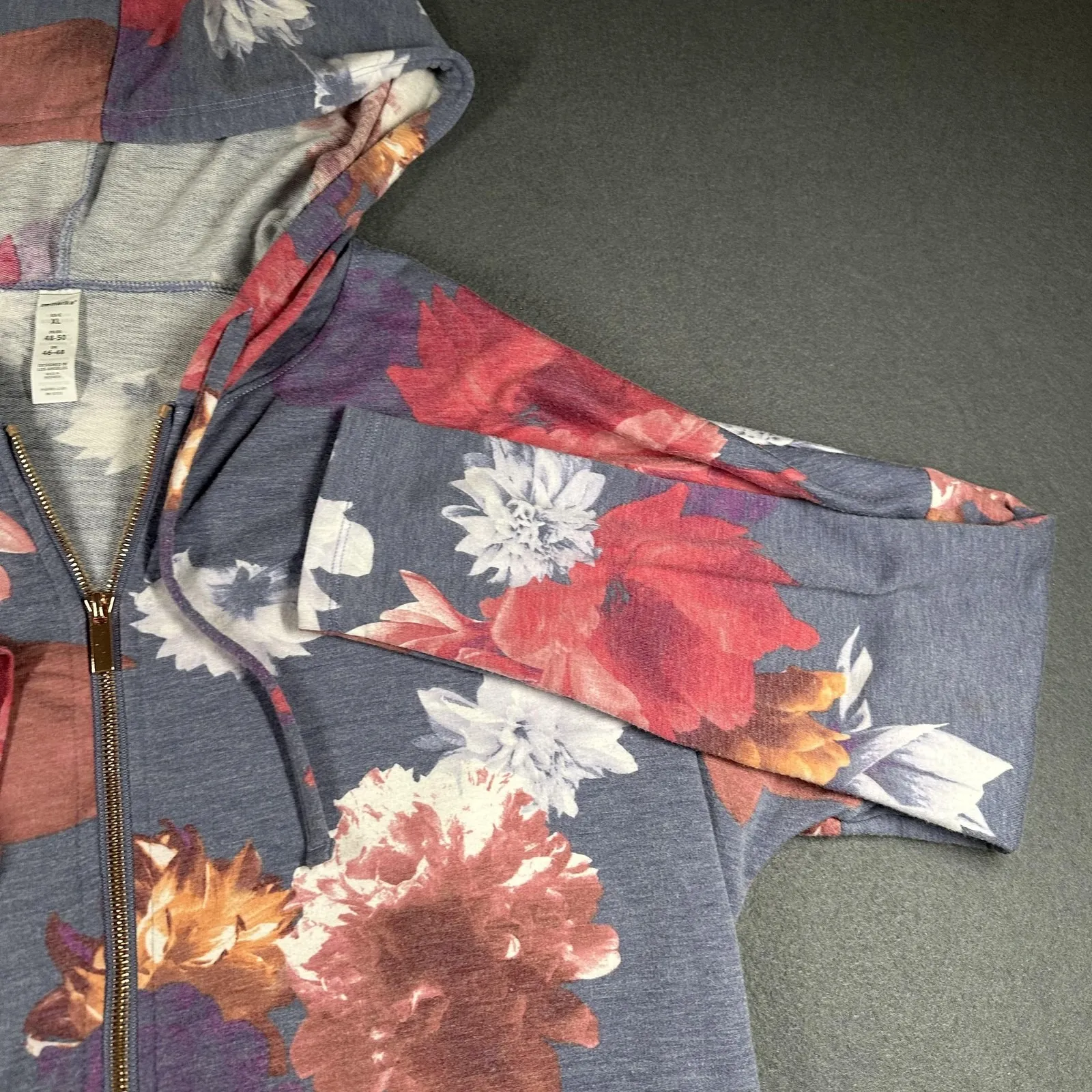 Marika Hoodie Womens XL Blue Floral Print Full Zip Lightweight Jersey Sweatshirt - Image 5