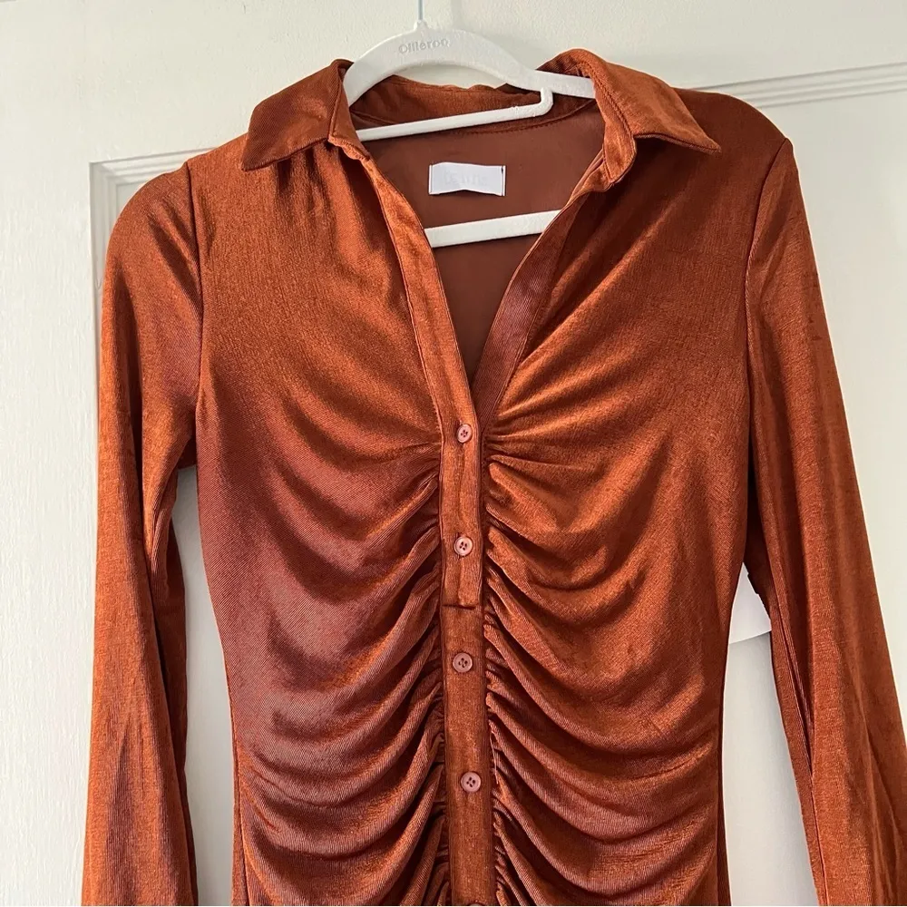 Isalis Brown Long Sleeve Collared Button Down Ruched Midi Dress Size Small NWT - Image 7