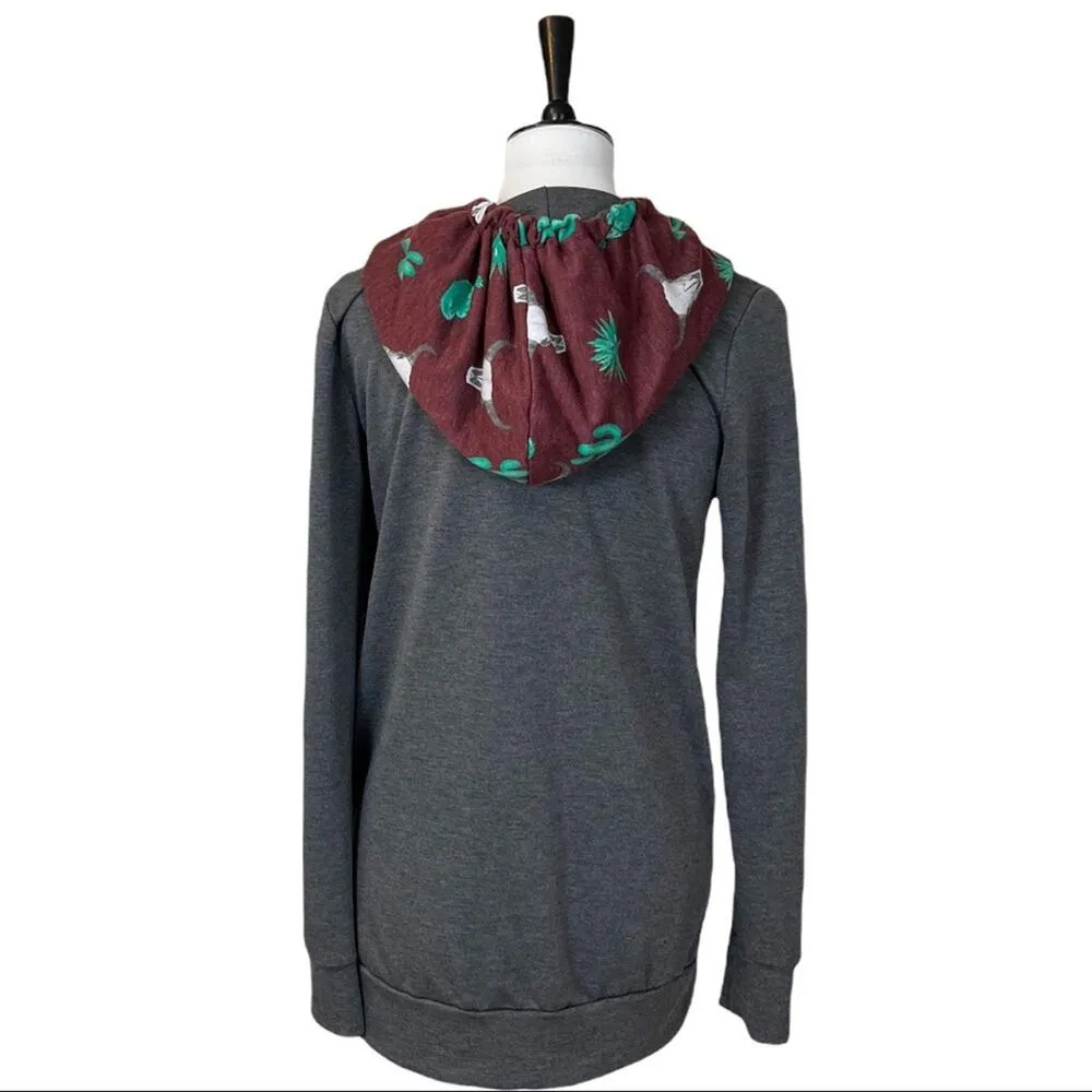 12PM by Mon Ami Cactus Western Pullover Hoodie Gray Burgundy Green Size Large - Image 4