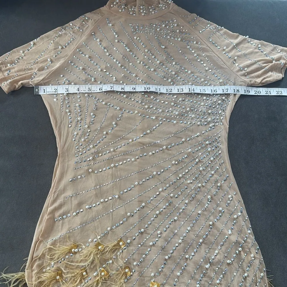 Women’s Sheer BodyCon Mini Dress Rhinestones Faux Pearls & Feathers Size S - Image 11