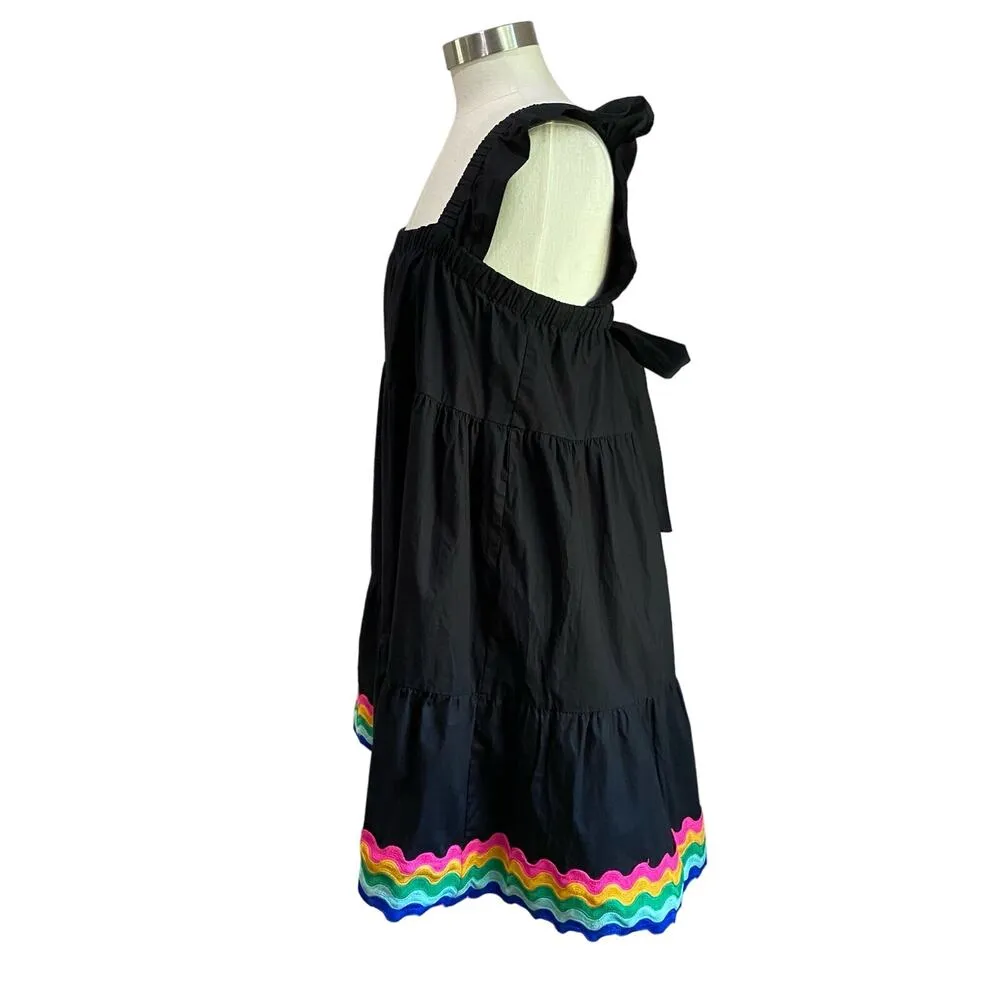 Crown & Ivy Tiered Swing Dress Black Rainbow Hem Bow Back Size XS - Image 3