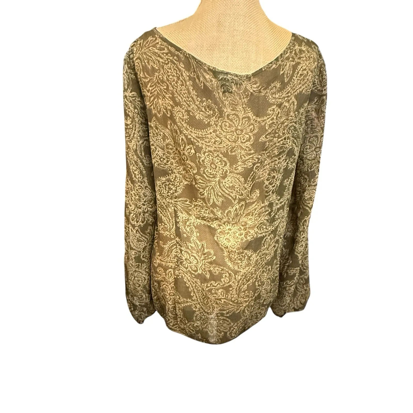 Lauren Ralph‎ Lauren Women Green 100% Silk Paisley Blouse Boho Sheer Boat Neck - Image 6