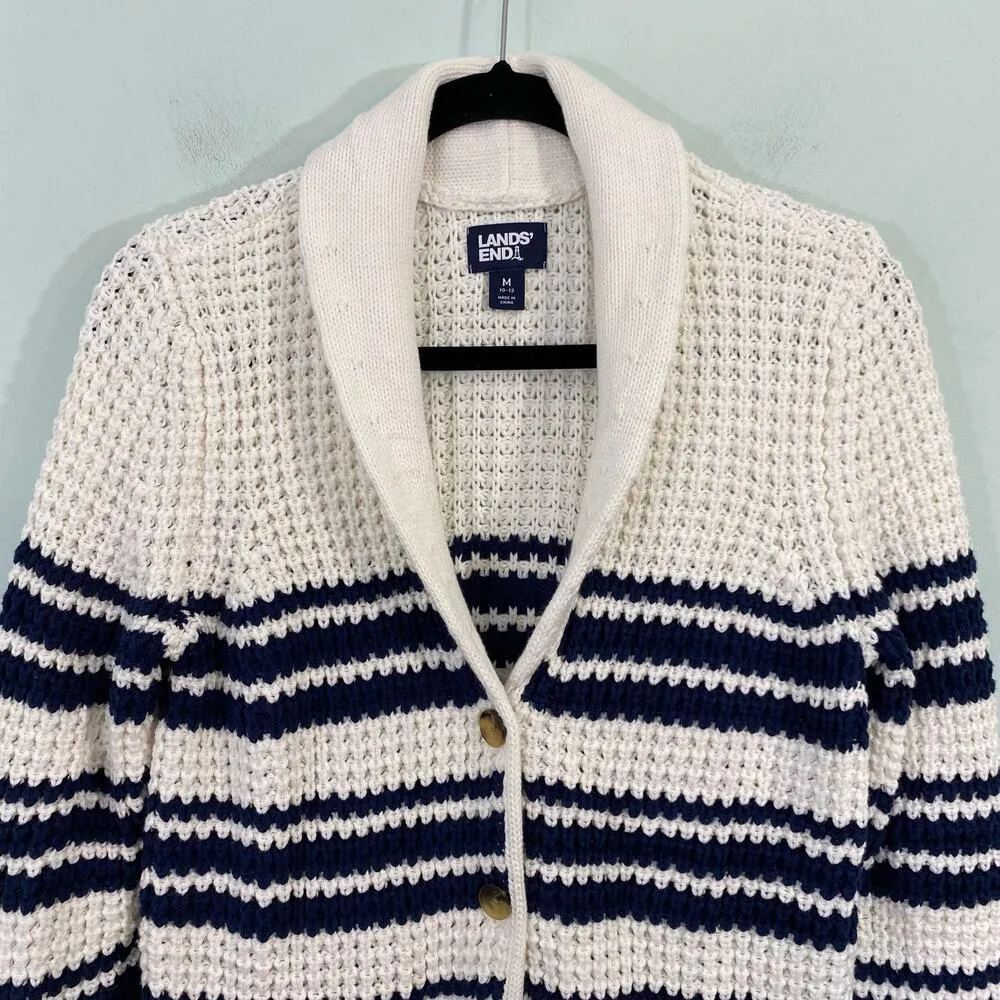 Lands' End Women's White & Navy Nautical Shawl Collar Knit Cardigan Size M - Image 2
