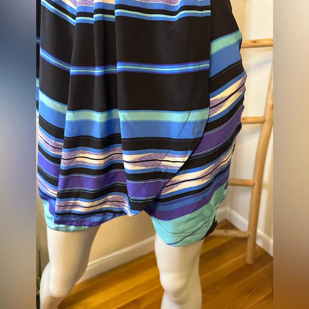 Yumi Kim 100% Silk Faux Wrap Mini Dress Stripe Black Blue White Purple Size L - Image 4