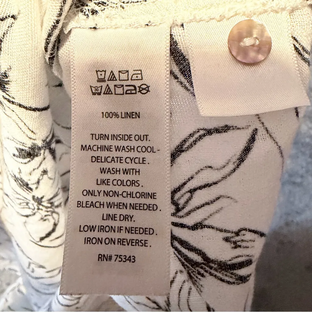 Joie 100% Linen Tropical Floral Print Black & White Roll Tab Sleeve Tunic 2X - Image 5