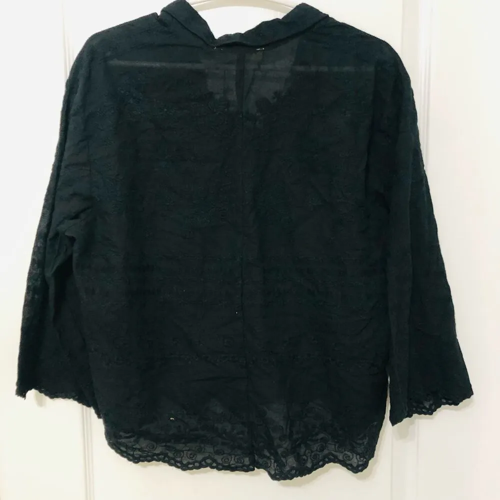 Solitaire Women's Button Up Shirt Embroidered Hi-Low Hem Long Sleeve Black Large - Image 6