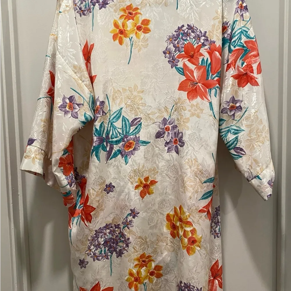 VTG 90s 80s Expressions Ivory White Floral Bathrobe Robe & Cami Mini Slip Dress Size M - Image 7