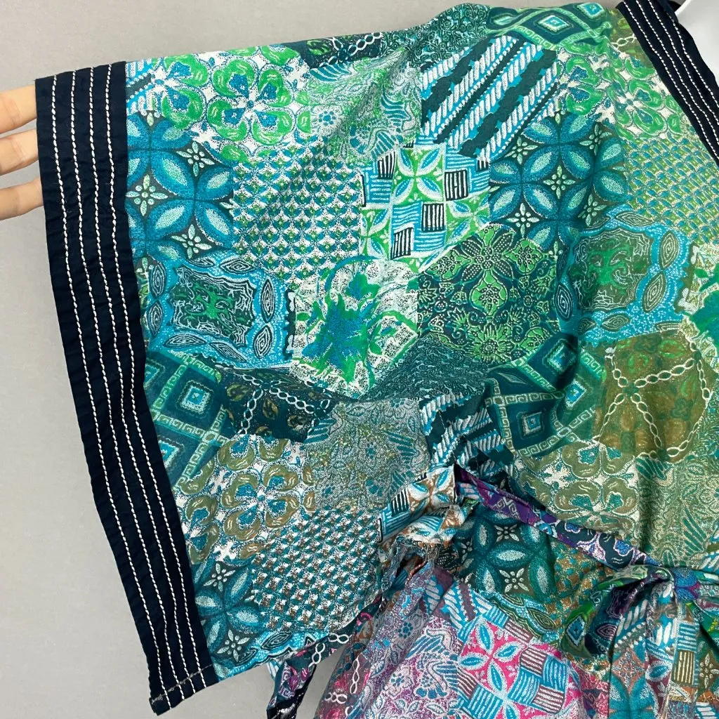 Handmade Top Kimono Sleeve‎ Tie Waist Patchwork Print Colorful Green Blue V - Image 10