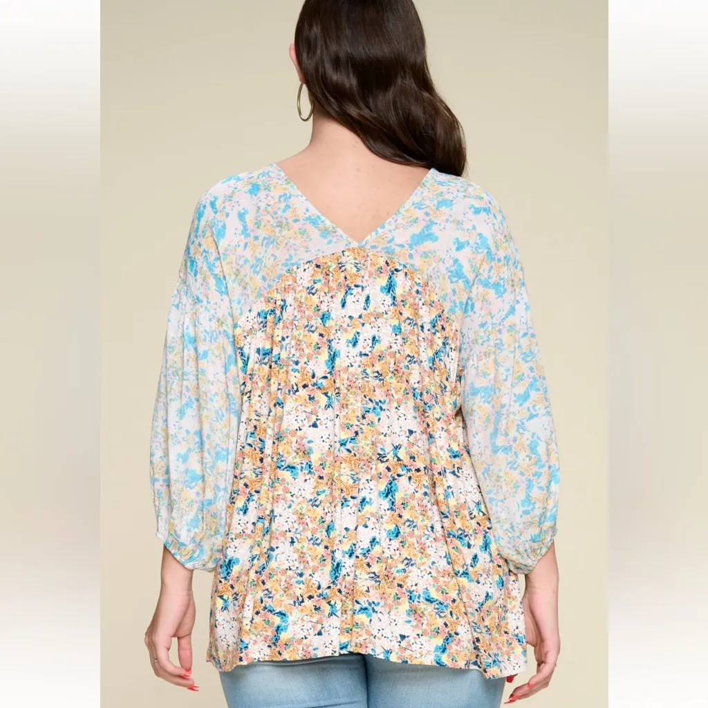 Oddi Floral Babydoll Blouse Two Tone V Neck Puff Sleeve Sheer Plus Size New 1X Blue - Image 7