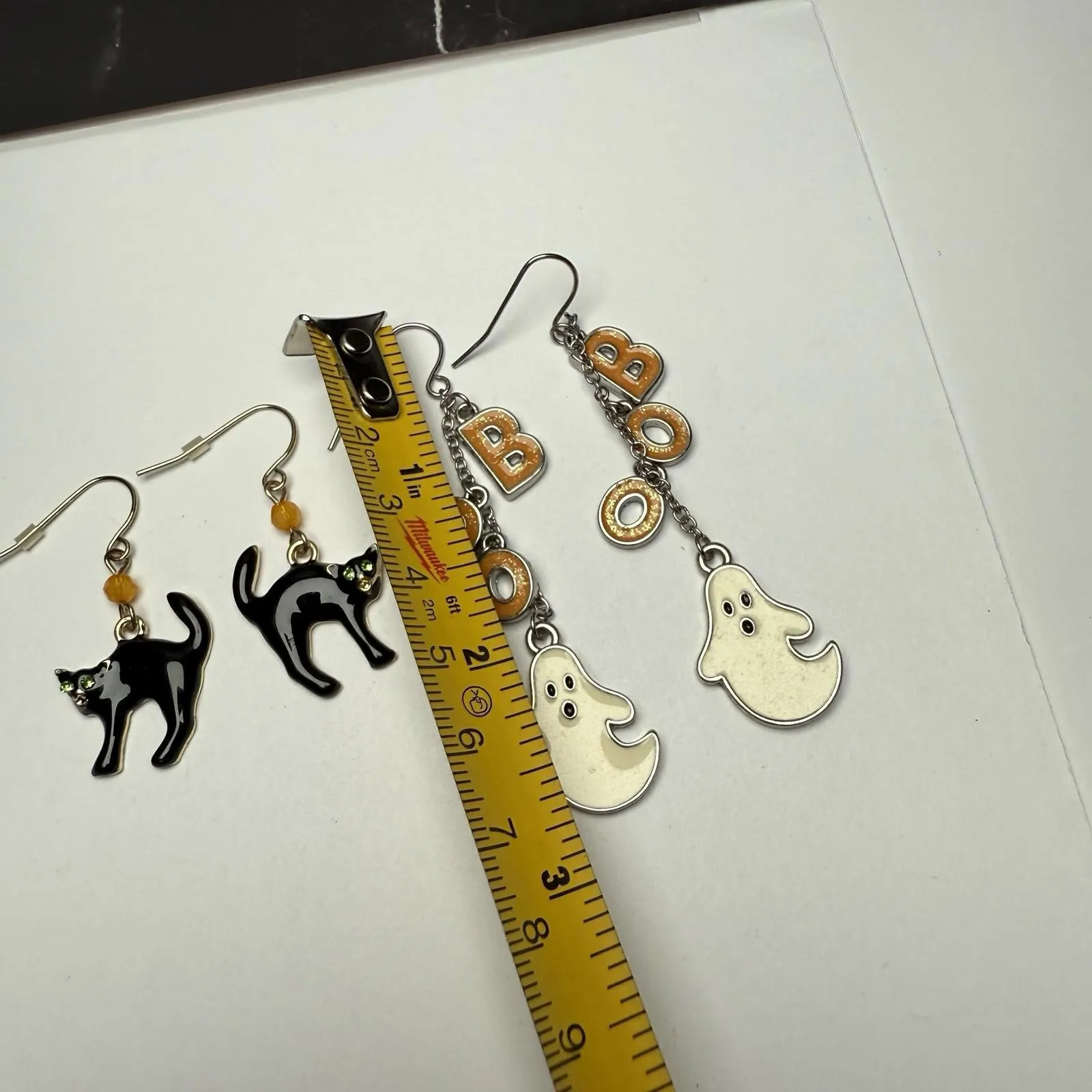 Halloween Enamel Boo Ghost / Black Cat Dangle Drop Pierced Earrings Lot Of 2 - Image 2