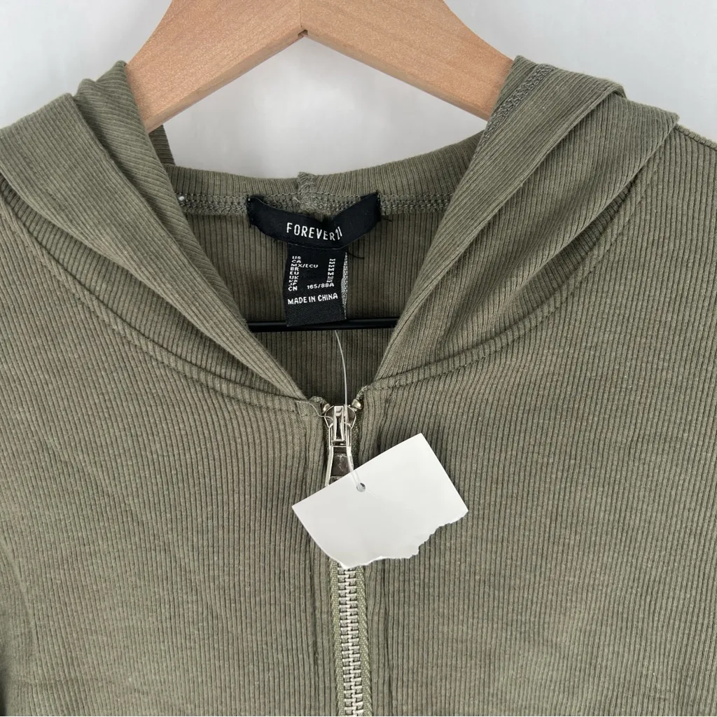 Forever 21 Olive Green Ribbed Women's Zip Front Cropped Hoodie‎ Jacket Size M - Image 7