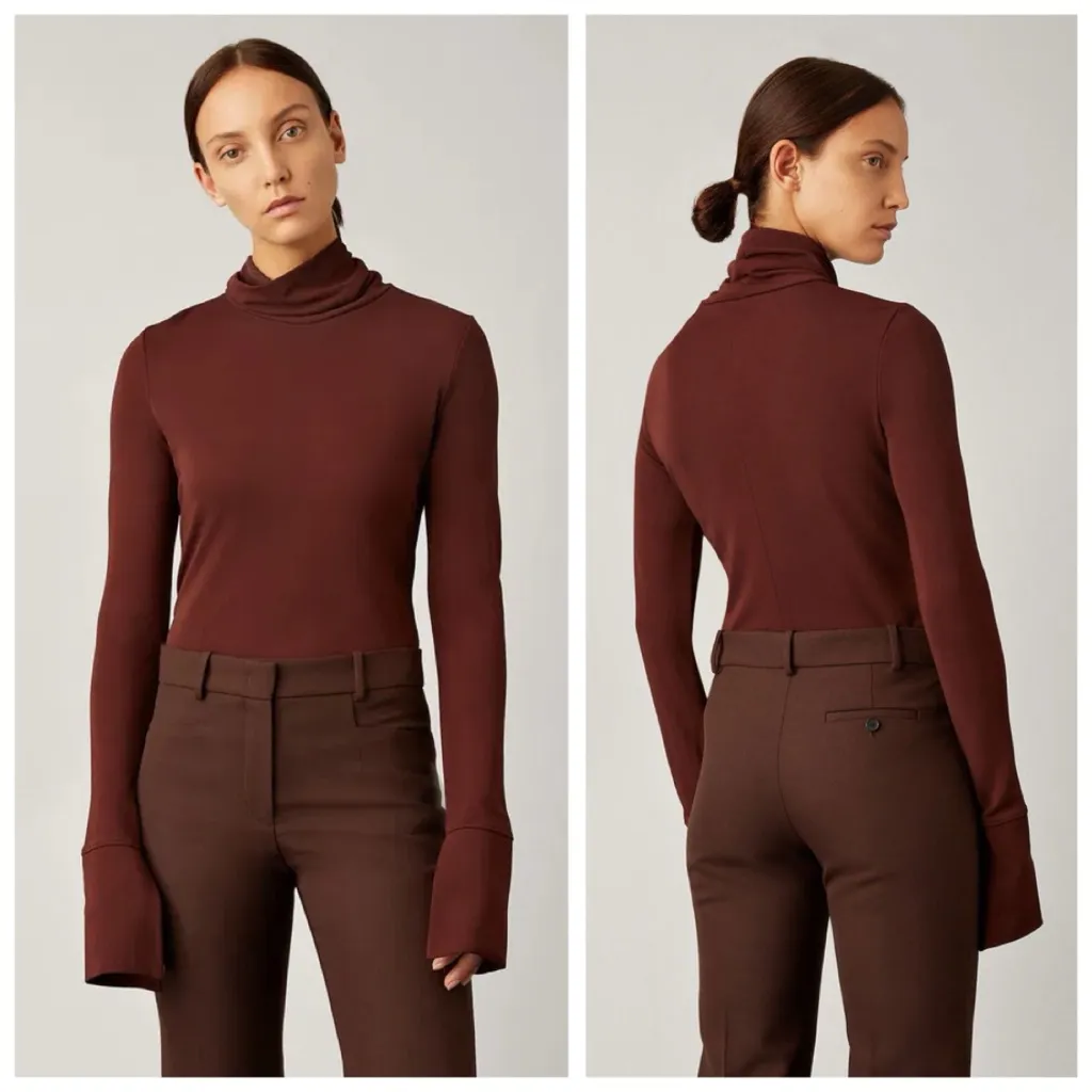 JOSEPH High Neck Crepe Jersey Turtleneck Top, Burgundy Maroon sz. XS - Image 2