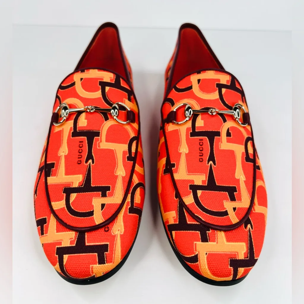Gucci Jordaan Horsebit Logo Print Orange Fabric Flat Barbie Loafers Size EU 38 - Image 4