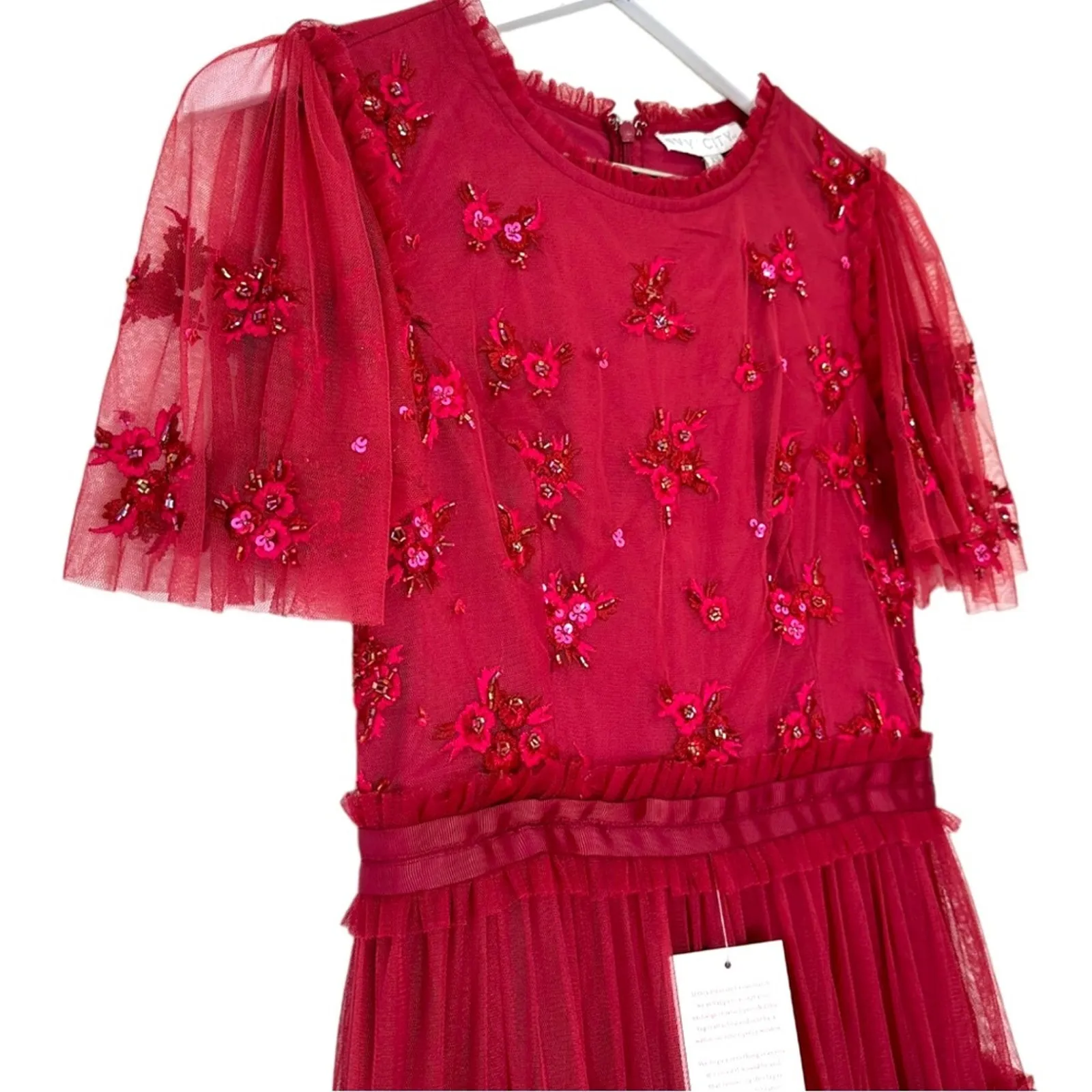 Ivy City Co. Embroidered Tulle Midi Red Floral Beaded Short Sleeve Size XS - Image 3