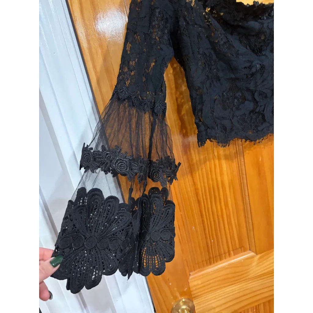 San Joy Black Lace Off Shoulder Crop Top Bell Sleeve Floral Gothic M - Image 2