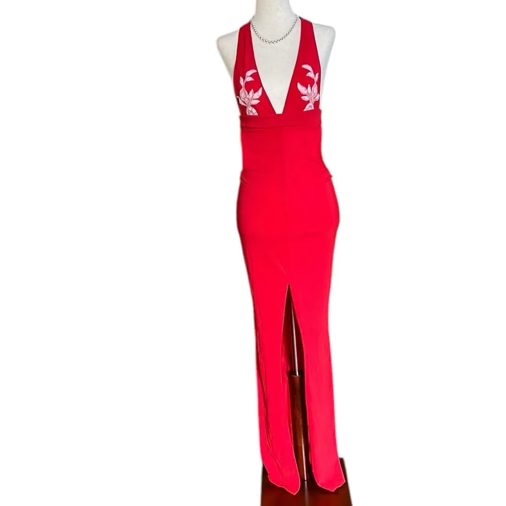 Vintage Maxi Bodycon Dress with Plunging Cutout Back and High Slit Red Size 4 - Image 3