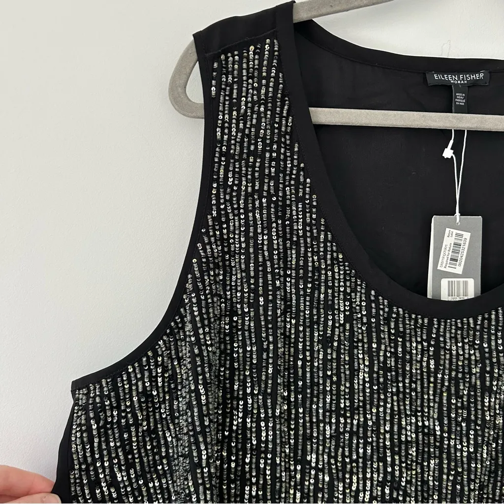 Eileen Fisher Black Silk Crepe De Chine Sequin U Neck Long Sleeveless Top NWT 1X - Image 3