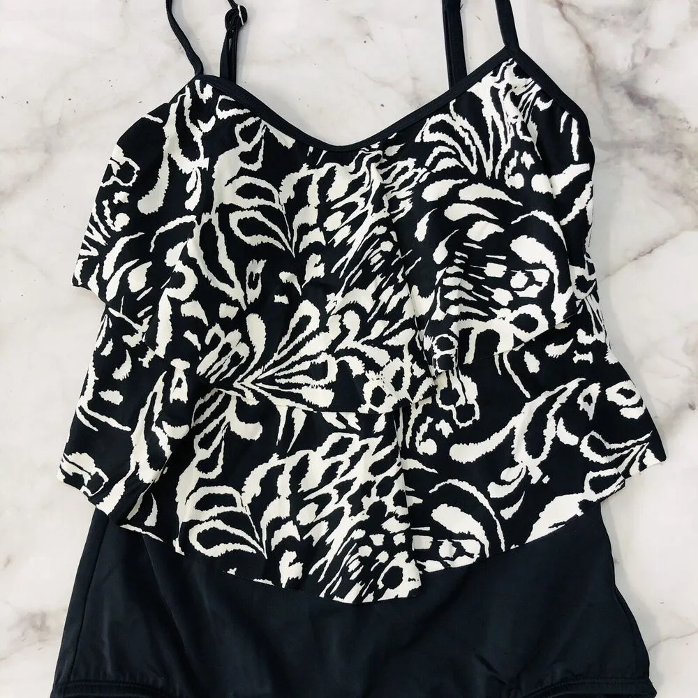 Jantzen Womens One Piece Swimsuit Size 8 Black Ruffled Tiered Floral - Image 2