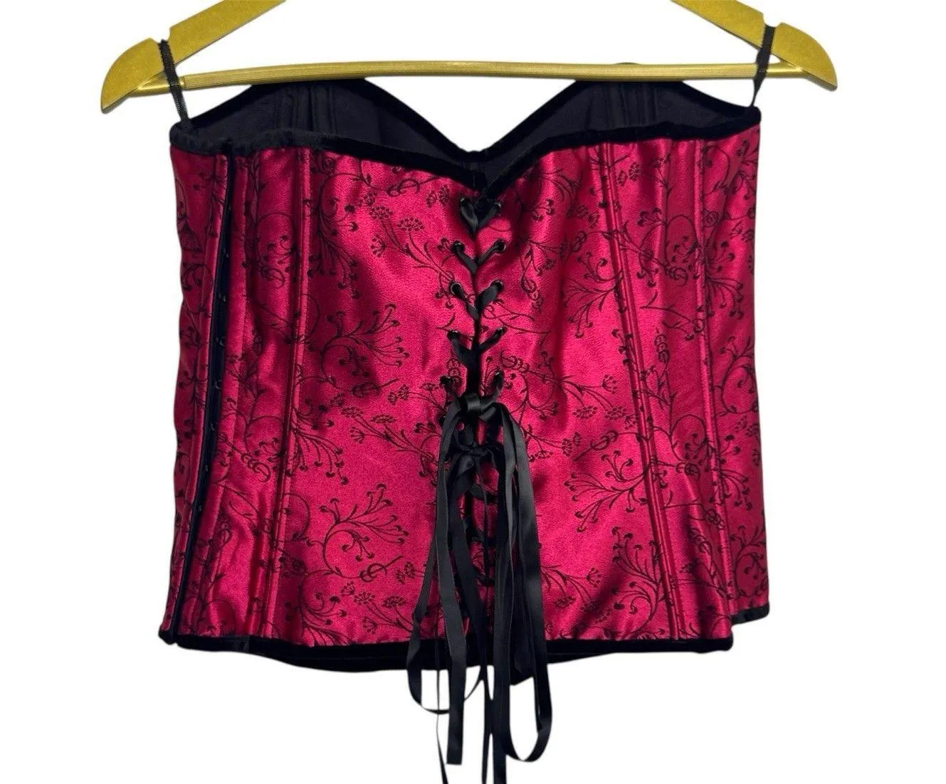Shirley Satin Velvet Floral Lace Up Corset Top Size 34 Black Red Goth Vamp Y2K - Image 6