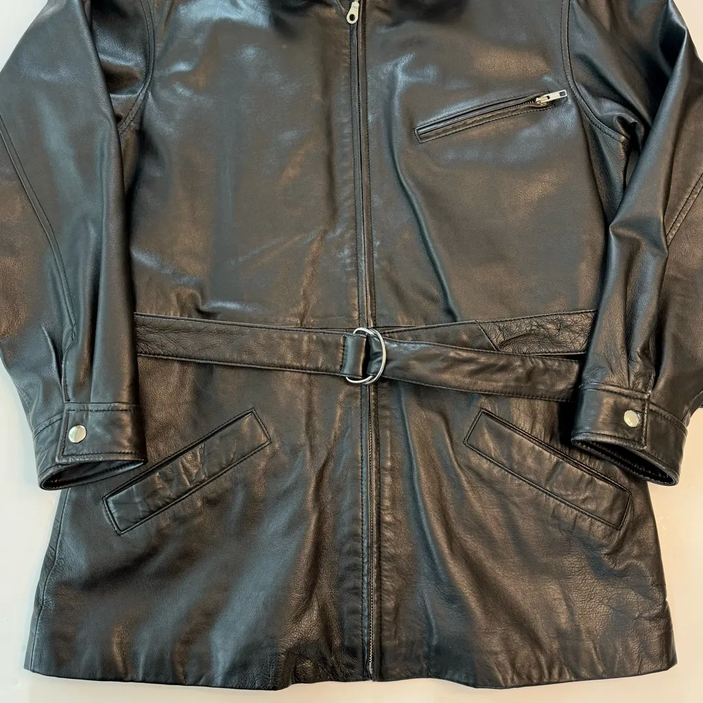Wilsons Black Leather Jacket Medium Tie Waist Full Zip Front Thinsulate Liner - Image 3