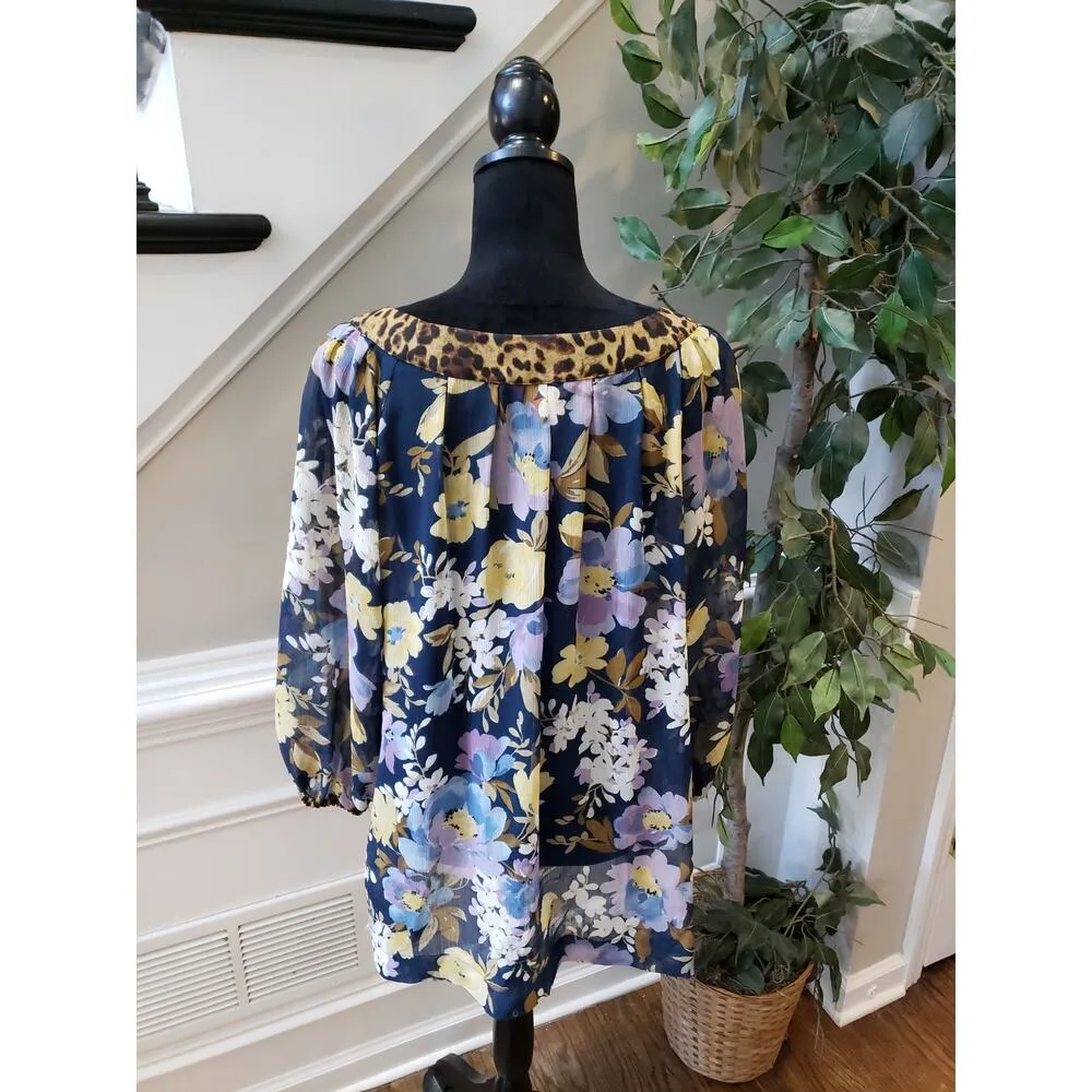 Women's Sunny Leigh Sheer Floral Top with Leopard Collar XL Pullover Outdoor - Image 7