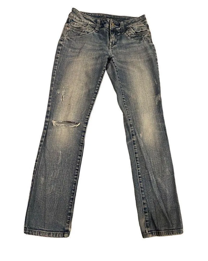 Delias Morgan Low Rise Distressed Jeans Straight Leg Medium Wash Denim Blue Size 4 - Image 2