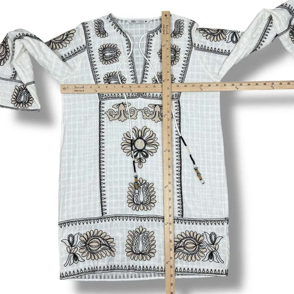 Zara Boho Embroidered‎ Textured Cotton Tunic Shift Mini Dress White Tan Black XS - Image 13