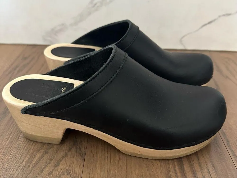 No.6 Old School Clog Mule on Mid Heel Wood Sole in Black Leather Size 39 - Image 8